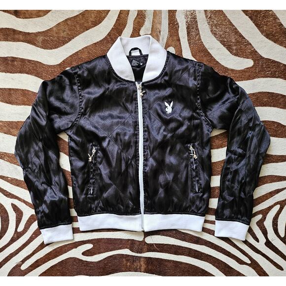 VINTAGE Playboy Y2K 90’s Black & White Silky Bomber Jacket Pockets Medium - Picture 1 of 7
